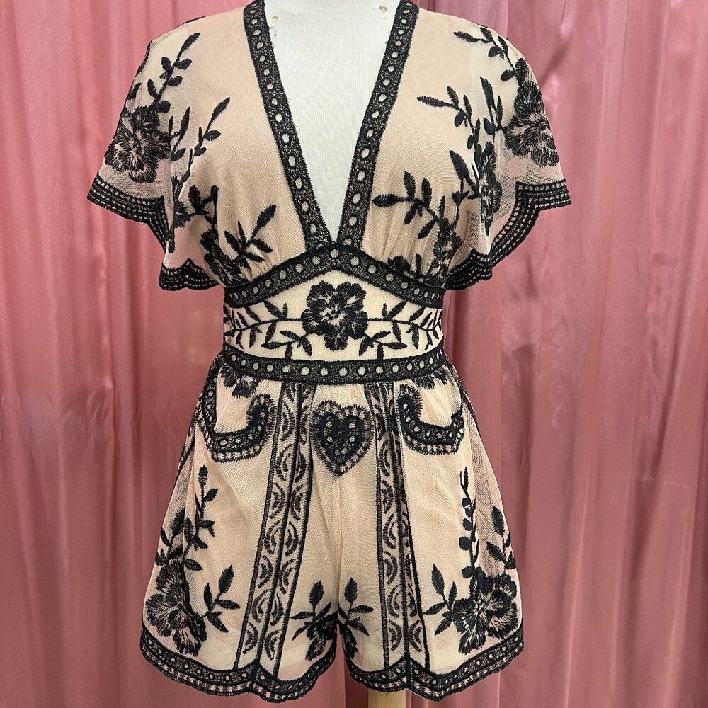 Honey Belle Nude And Black Lace Romper